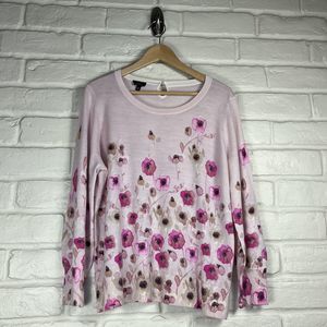 Talbots Womens Pink Long Sleeve Floral Pattern Round Neck Sweater Size 2X Petite